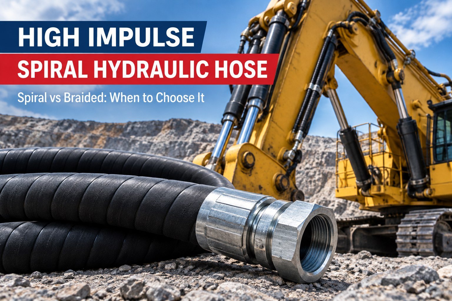 High impulse spiral hydraulic hose with interlock fitting in front of a mining excavator, spiral vs braided hydraulic hose guide