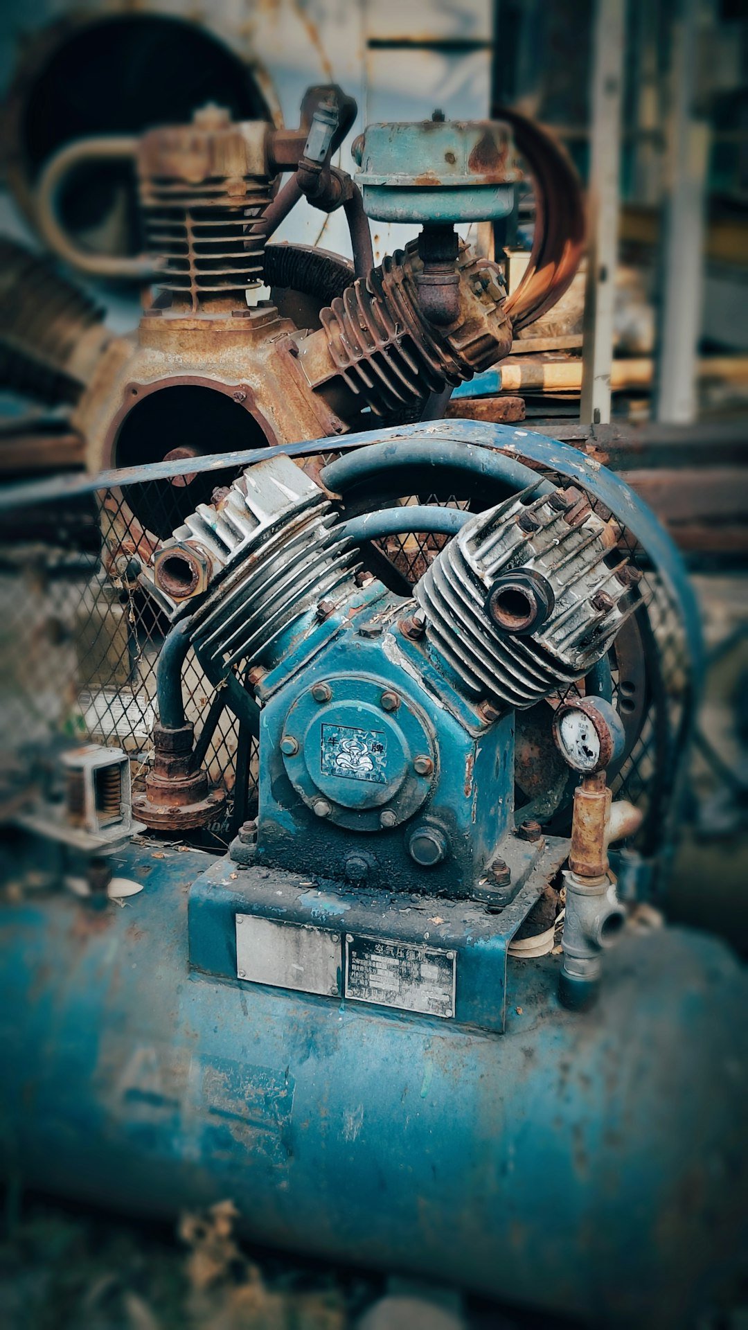 Industrial air compressor with pressure gauge where pneumatic hose air leaks waste energy