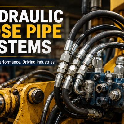 Close-up of hydraulic hose pipes connected to machinery, with bold text reading "Hydraulic Hose Pipe Systems" and the slogan "Powering Performance. Driving Industries." The image conveys industrial strength and precision.