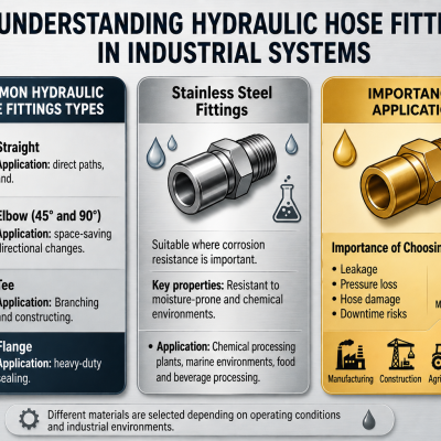 Infographic on hydraulic hose fittings types and applications. Highlights straight, elbow, tee, and flange fittings, and importance of stainless steel fittings. Discusses leakage prevention and applications in various industries like manufacturing and agriculture.