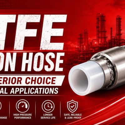 PTFE Teflon hose with stainless steel braid and white fittings, set against a red industrial background with chemical plant imagery.