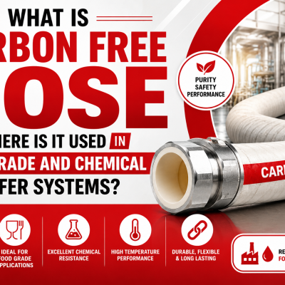 Text promoting carbon-free hoses for food-grade and chemical use, highlighting contamination-free transfer, chemical resistance, and durability.