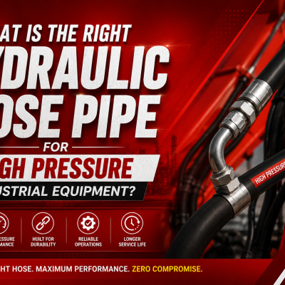 Red and black promotional image for hydraulic hose pipes with text: "What is the right hydraulic hose pipe for high pressure industrial equipment?" Shows hoses and icons for safety, performance, durability, reliability, and longevity.