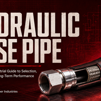 Alt text: "Red and black industrial-themed image featuring a hydraulic hose with metal fittings. Bold white text reads 'Hydraulic Hose Pipe.' A subtitle offers an industrial guide. A technical diagram background adds a professional tone."