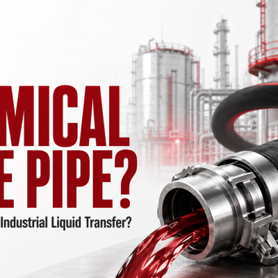 Alt text: "Graphic of a chemical hose pipe releasing red liquid in an industrial setting. Bold text reads 'What is Chemical Hose Pipe?' in front."