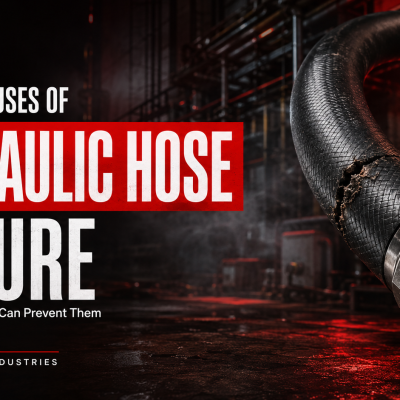 Alt text: "Image highlighting hydraulic hose failure, showing a damaged hose leaking liquid. Bold red and white text reads 'Common Causes of Hydraulic Hose Failure' with industrial background."