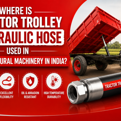 The image shows a red tractor with an elevated trolley next to a black hydraulic hose. Text highlights its use in Indian agriculture, emphasizing durability and flexibility.