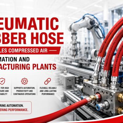 The image shows a red tractor with an elevated trolley next to a black hydraulic hose. Text highlights its use in Indian agriculture, emphasizing durability and flexibility.